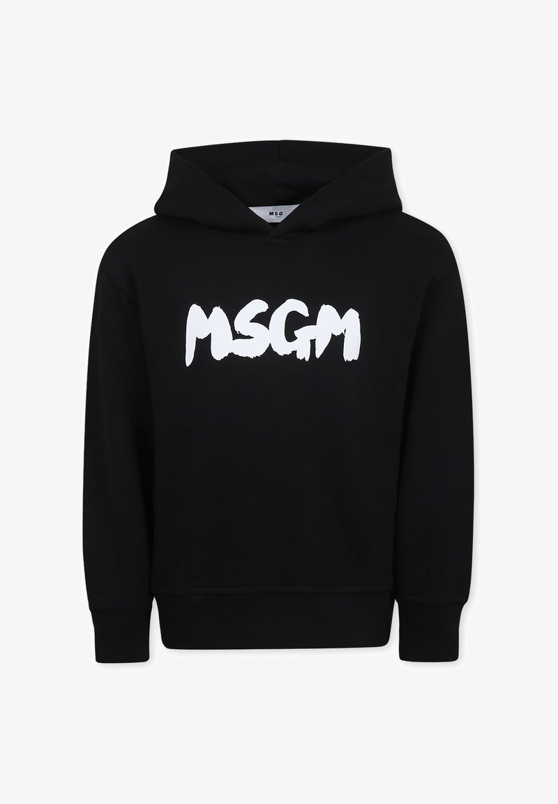Felpa nera realizzata in cotone, con un grande logo bianco "MSGM". Ha un cappuccio con cordino, polsini a coste e una texture morbida.