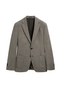 Gray, check-patterned blazer made of textured fabric, featuring a notch lapel, two front pockets, and a single button closure.