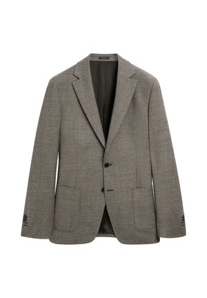 Gray, check-patterned blazer made of textured fabric, featuring a notch lapel, two front pockets, and a single button closure.
