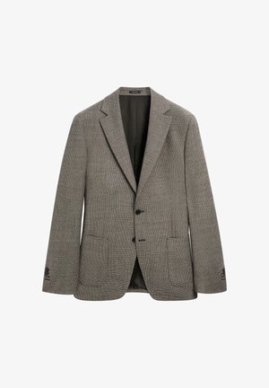 Blazer gris à motifs à carreaux en tissu texturé, avec un col cranté, deux poches avant et une fermeture à un bouton.