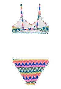 Bikini-set met een multicolore zigzagpatroon in roze, blauw en groen. Het materiaal is glad en heeft verstelbare bandjes op de bh-top.