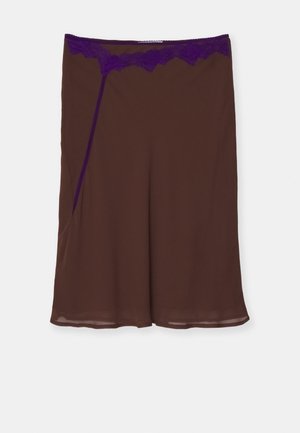 Brown slip shorts made of lightweight fabric, featuring a purple lace waistband and an accent line along the side for added detail.