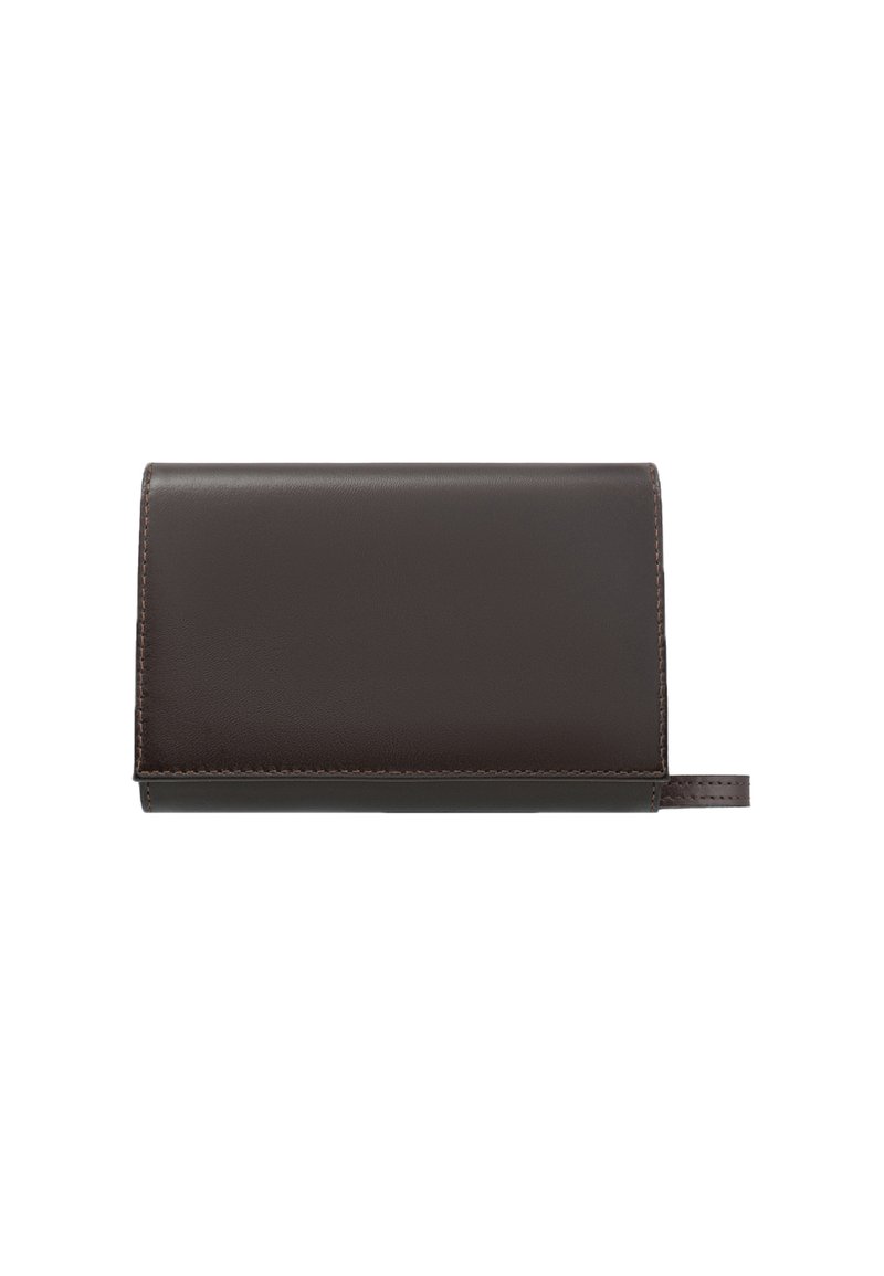 Portafoglio in pelle marrone con una superficie liscia, forma rettangolare e una tracolla laterale. Design minimalista senza hardware o motivi visibili.