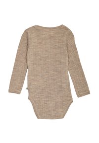 Beige geribbelde bodysuit met lange mouwen, een ronde halslijn en drukknoopsluiting aan de onderzijde, gemaakt van zachte, textuurrijke stof.