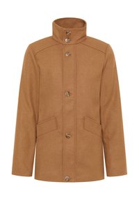 Palton din lână, de culoare maronie, cu guler înalt, cinci nasturi, două buzunare frontale și croială dreaptă. Textură netedă cu un design minimalist.