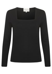 Black long-sleeve top with a square neckline, made from soft fabric, featuring a slim fit and simple design without additional patterns or accents.