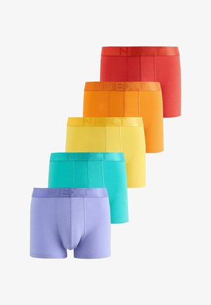 Fünf Paar Herren-Boxershorts in Rot, Orange, Gelb, Türkis und Lila, jeweils mit einem passenden Bund, auf dem "NEXT" eingeprägt ist.