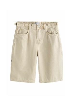 Beige Baumwollshorts mit vorderer Knopfleiste und Reißverschluss, seitlichen Verstellriemen, Gürtelschlaufen sowie Front- und Gesäßtaschen.