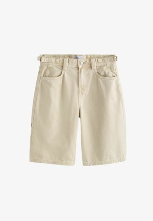 Pantaloni scurți bej din bumbac, cu nasture și fermoar frontal, bretele ajustabile laterale, bucle pentru curea și buzunare frontale și spate.