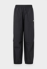 Μαύροι cargo παντελόνι με ελαστική μέση, πλαϊνές τσέπες και ελαστικές μανσέτες, κατασκευασμένοι από ελαφρύ ύφασμα για καθημερινή ή αθλητική χρήση.