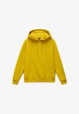 Gelbe Hoodie aus weichem Stoff, mit einer vorderen Kängurutasche, verstellbarem Kapuzenzug und einem kleinen Logo auf der Brust.