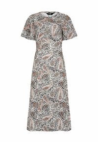 Kleid mit Paisleymuster in Weiß, Schwarz und sanftem Rosa. Kurze Ärmel und ein runder Ausschnitt mit lockerer Passform, knielanges Design.
