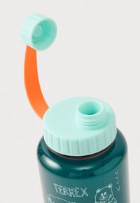 Mørk grønblå vandflaske med lyseblåt låg, fastgjort med orange rem, prydet med hvid bjørneillustration og teksten "TERREX".
