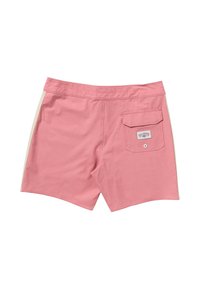 Bañador rosa con cintura plana, bolsillo trasero y franjas laterales crema. Fabricado en tejido ligero y suave.