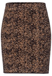 Jupe mini à motifs noir et pêche, design ajusté, tissu texturé, taille lisse et finition de l'ourlet.