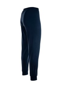 Navyblauwe sweatpants met elastische taille, geribde boorden, een soepele textuur, taps toelopend ontwerp en zonder zichtbare patronen of hardware.