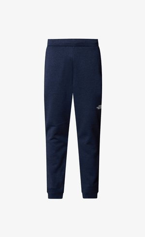 Pantaloni da jogging blu navy con una texture liscia, vita elastica, polsini a costine e un piccolo logo bianco sul lato sinistro.