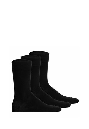 Drei Paar schwarze Socken aus weichem Material, mit einem gerippten Bündchen und glatter Textur, geeignet für den täglichen Gebrauch.