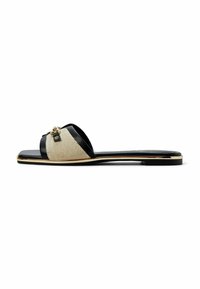 Black and beige slide sandal featuring a mesh upper, gold-tone accent hardware, flat sole, and smooth leather detailing. Simple and elegant design.