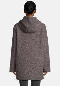 Gray hooded coat with a textured, fuzzy fabric. Straight cut, long sleeves, and a hem that falls below the hips. Back view displayed.