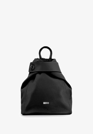 Black textured leather backpack with a top handle, wide flap closure secured by a round metal clasp, and a small brand logo plate on front.