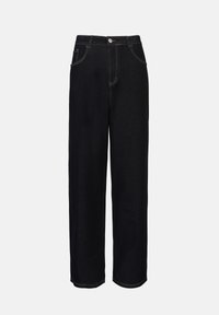Svart denim brede benbukser med høy midje, frontlommer og kontrastfargede gullsting. Flat front og rette ben.