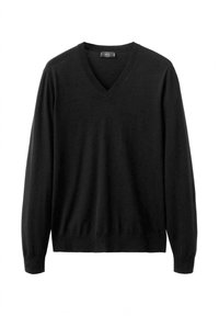 Zwarte lange mouw V-hals trui met geribde manchetten en zoom, effen ontwerp, gemaakt van fijngebreide stof, weergegeven op een witte achtergrond.