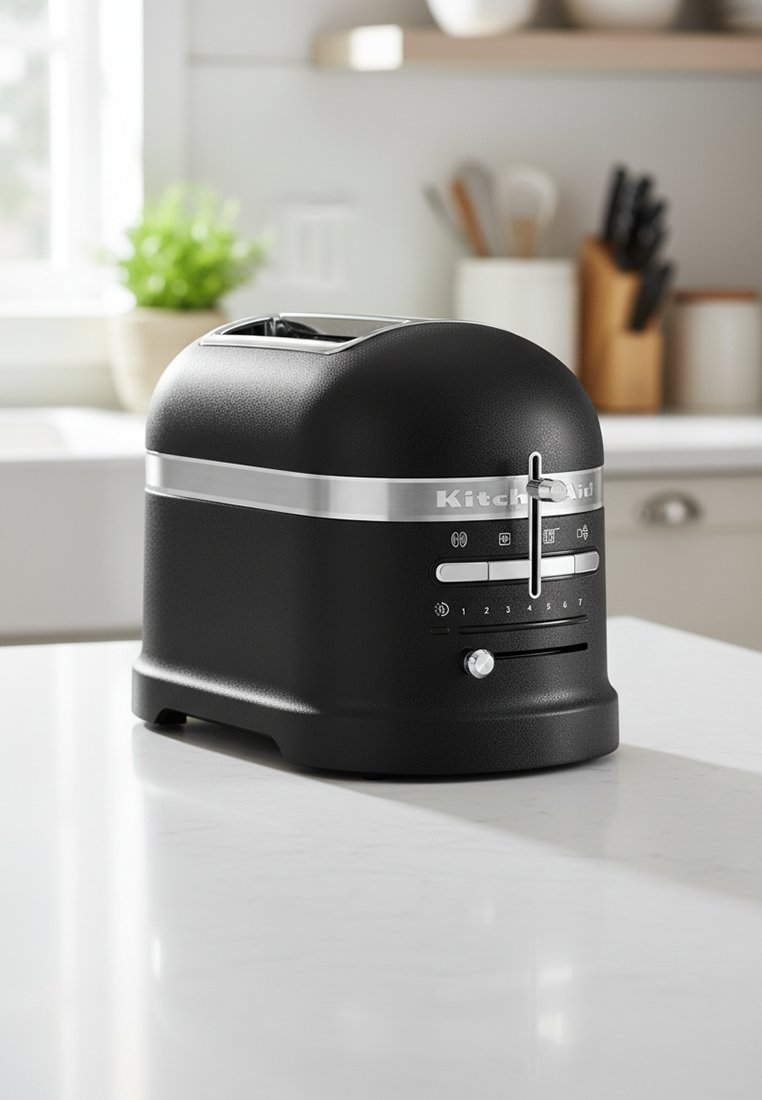 Schwarzer KitchenAid Zweischeibentoaster mit Drehknopf und Hebel, auf einer weißen Küchenarbeitsplatte nahe Fenster und Besteckhaltern platziert.
