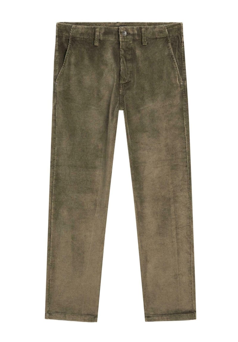 Pantaloni in velluto a coste verde oliva, con taglio dritto, due tasche, texture sottile e chiusura con bottone superiore.