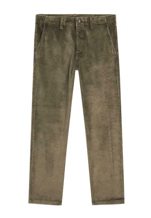 Corduroy pants in olive green, featuring a straight cut, two pockets, subtle texture, and a top button closure.