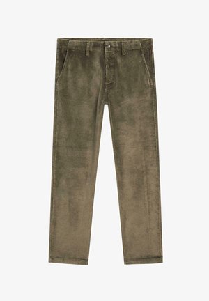 Corduroy pants in olive green, featuring a straight cut, two pockets, subtle texture, and a top button closure.