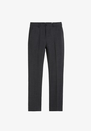 Pantalones de vestir ajustados en gris carbón con trabillas para cinturón, bolsillos laterales, cierre frontal con botones y corte recto y entallado.