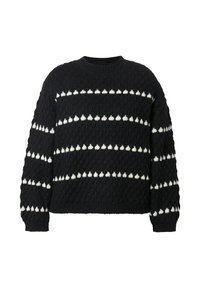 Maglione nero a maglia con strisce orizzontali di punti bianchi su corpo e maniche, dotato di scollatura a girocollo e polsini e orlo a coste.