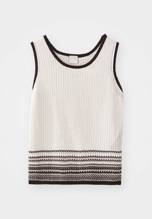 White ribbed tank top with black trim and decorative horizontal stripes at the hem. Fabric appears textured and fitted.