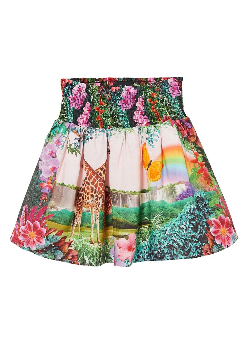 Bunte gemusterte Rock mit einem gerafften Bund, visuellen Darstellungen von Giraffen, Blumen und einem Regenbogen auf einem hellen Hintergrund.