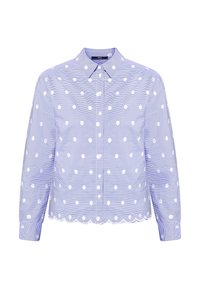 Chemise bleu clair à manches longues avec des pois blancs, col boutonné, boutons sur le devant et ourlet festonné. Texture à motifs rayés.