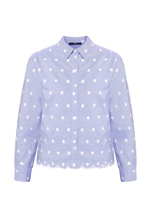 Lichtblauw hemd met lange mouwen en witte polka dots, button-down kraag, knopen aan de voorkant en een gerafelde zoom. Gestreept patroonstructuur.