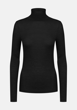 Maglione nero a collo alto con maniche lunghe, texture a coste, design aderente e colletto alto. Realizzato in un morbido tessuto elastico.