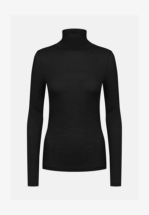 Black turtleneck sweater with long sleeves, ribbed texture, fitted design, and high collar. Crafted from a soft, stretchy fabric.