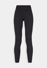 Svarte høytlivs leggings laget av elastisk stoff, med en glatt tekstur, smale ben og uten synlige mønstre eller detaljer.