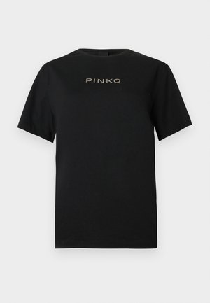 Črna bombažna majica s kratkimi rokavi in okroglim izrezom. Spredaj je napis "PINKO" v zlatih črkah.
