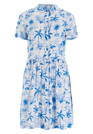 Kurzärmeliges Kleid aus weißem Stoff mit blauem Palmen- und Flamingomuster, vorne mit Knöpfen und einer gerafften Taille für eine ausgestellte Form.