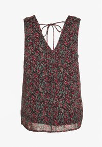 Blouse fleurie avec un décolleté en V profond et une fermeture à nouer dans le dos. Présente une base noire avec des motifs floraux rouges et teal ; tissu léger et fluide.