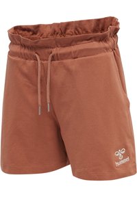 Rustfarbene Shorts aus weichem Stoff, mit einem elastischen Bund und Kordelzug, seitlichen Taschen und gesticktem Logo am Saum.
