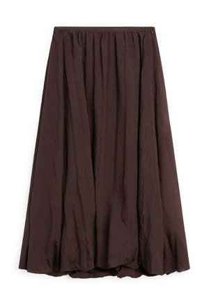 Brown, knee-length skirt with a cinched waistband, made of lightweight fabric. Features a gathered design and smooth texture.