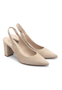 Beige suede slingback heels with a pointed toe,  block heel, and adjustable strap; features smooth texture and minimalistic design.