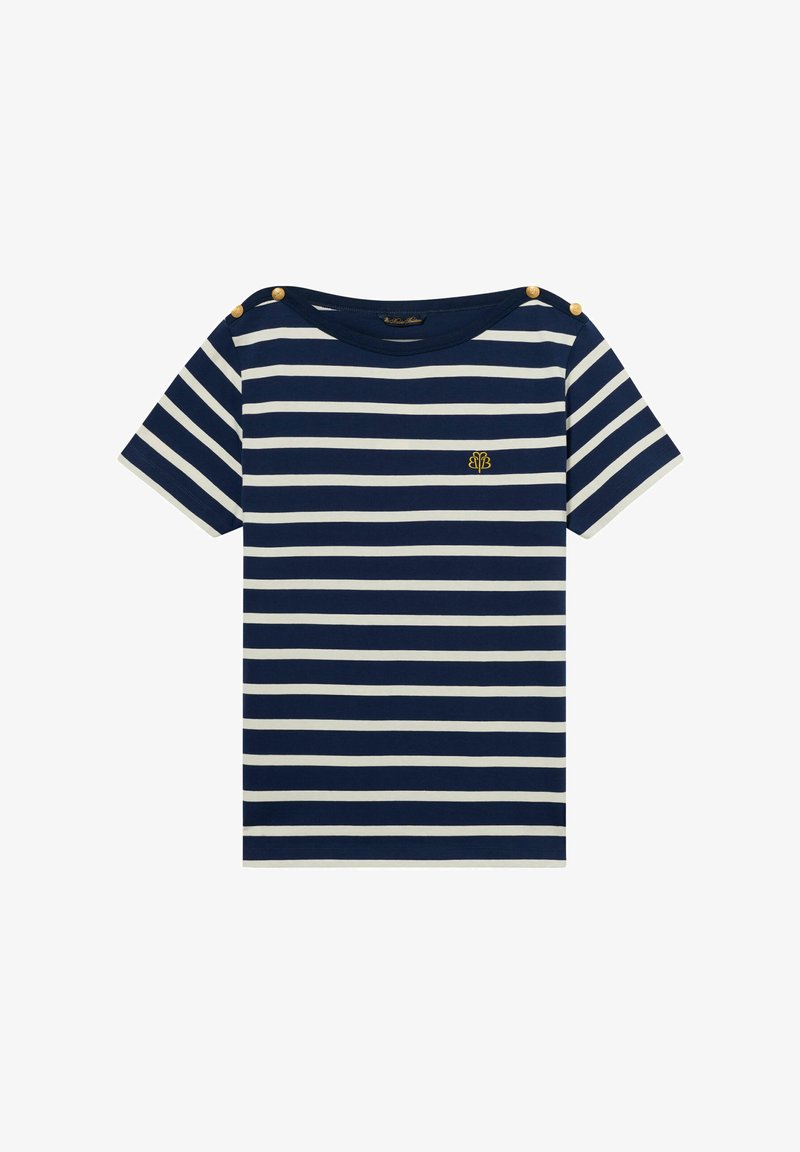 Marineblauw en wit gestreept T-shirt met korte mouwen, gouden knopen op de schouders en een klein geel geborduurd logo op de borst.