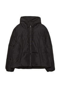 Veste doudoune noire avec fermeture éclair, capuche à cordon de serrage et poches latérales ; fabriquée en matériau brillant avec une texture matelassée.