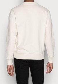 Světle krémová mikina, dlouhé rukávy, kulatý výstřih, žebrované manžety a lem, měkká textura. Zadní pohled bez grafických detailů nebo ozdob.