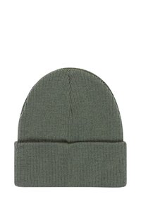 Knit beanie in olive green, featuring a fold-over cuff, soft texture, and seamless top. Simple, unadorned design with fine stitching.